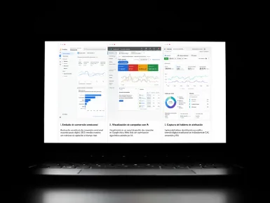 Mockup de un embudo de conversión omnicanal cruzando pauta digital, SEO y medios masivos con métricas de captación en tiempo real.