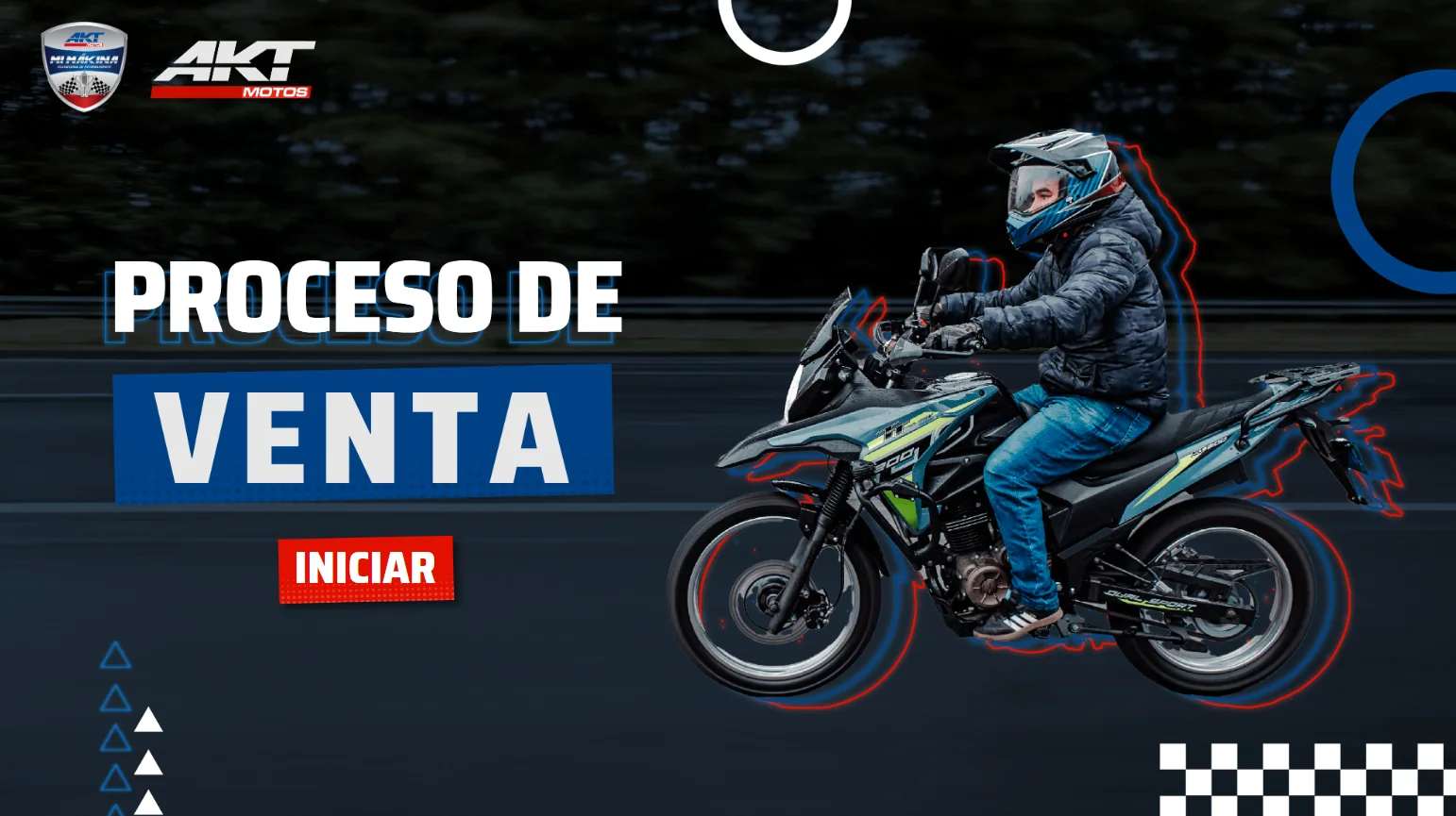 Pantalla de inicio del módulo 'Proceso de Venta' de Mi Makina: imagen aspiracional del piloto en ruta, identidad gráfica AKT Motos y CTA para arrancar la ruta interactiva.