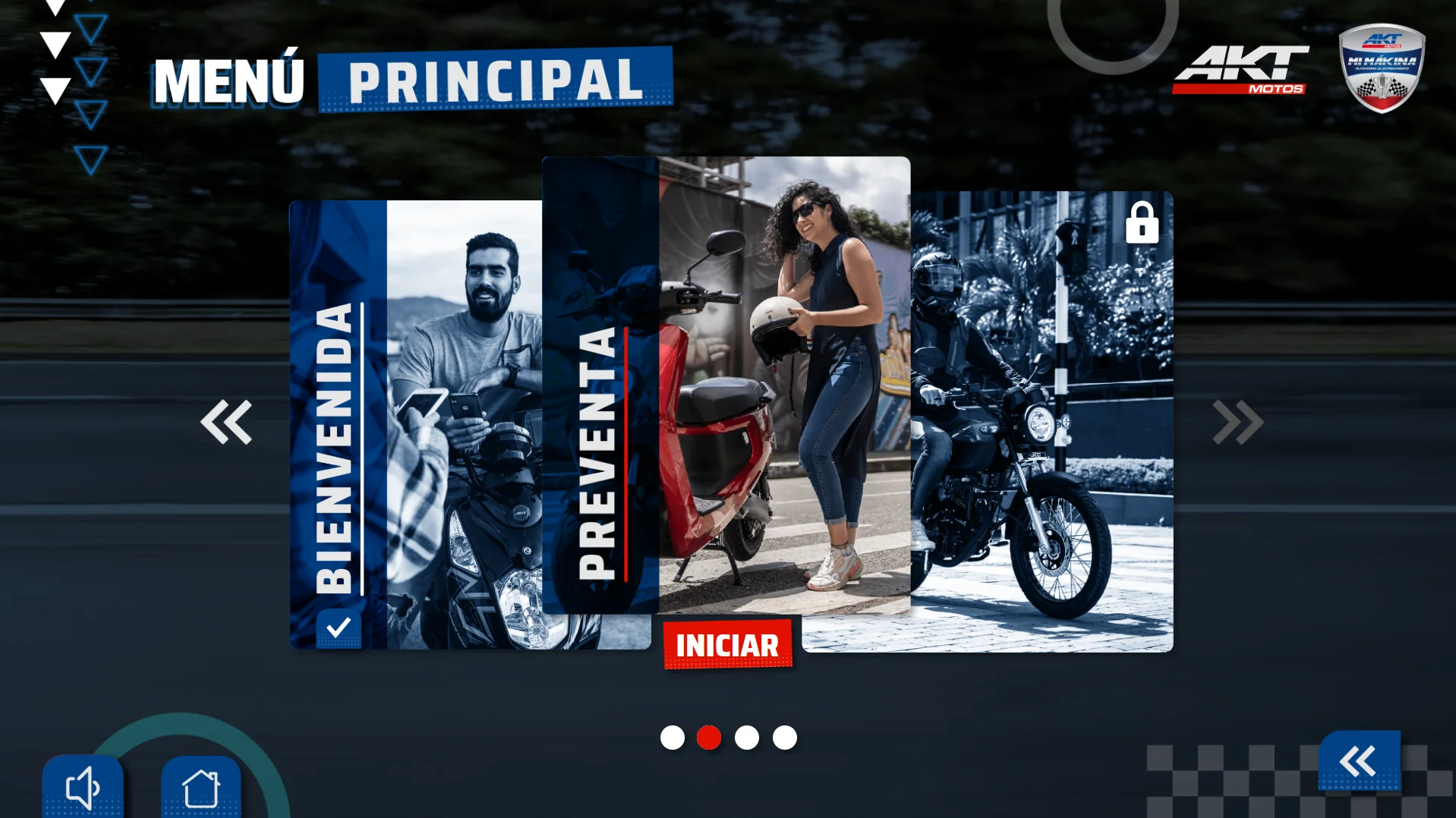 Menú principal de la experiencia: tarjetas navegables por etapas (Bienvenida, Preventa, Venta, Postventa) con bloqueos progresivos según el avance del aprendiz.