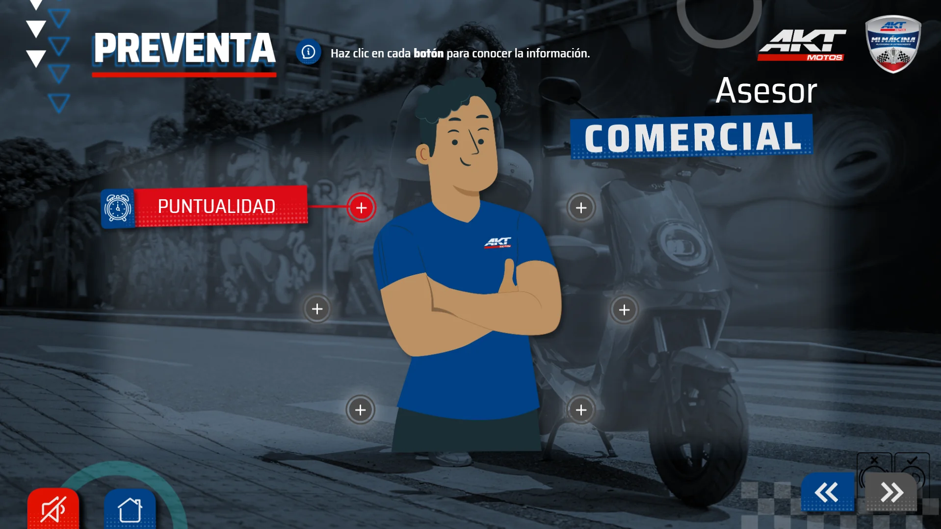 Módulo Preventa con el personaje del Asesor Comercial: hotspots interactivos que revelan competencias clave como puntualidad, presentación y conocimiento del producto.