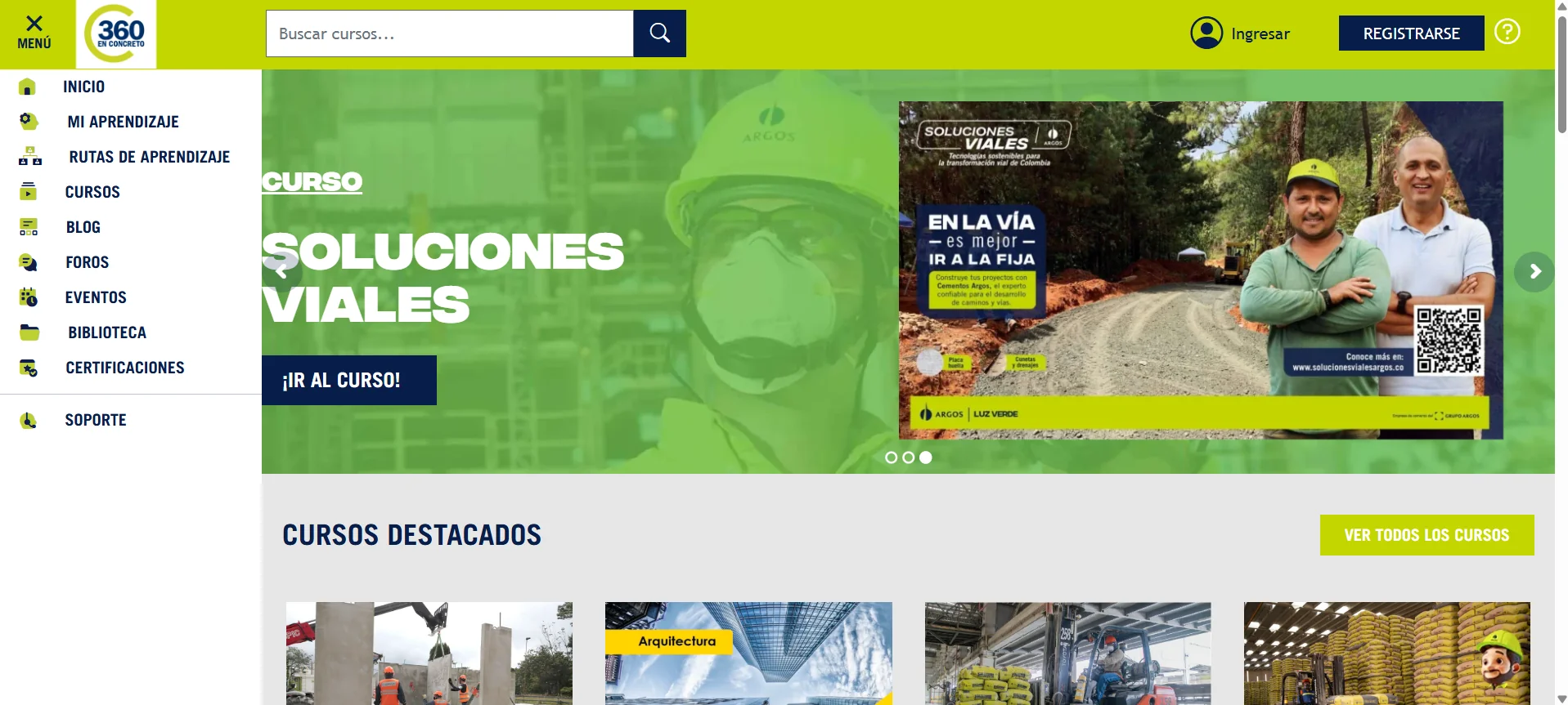 Pantalla de inicio del portal '360 en Concreto': menú lateral con rutas de aprendizaje, cursos, foros y certificaciones, junto al curso destacado 'Soluciones Viales' de Cementos Argos.