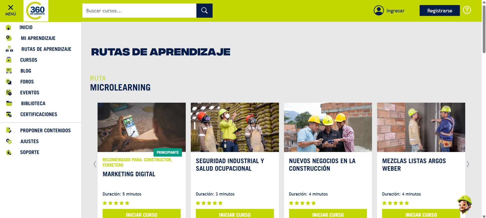 Rutas de aprendizaje segmentadas por perfil: micro-cursos de marketing digital, seguridad industrial, nuevos negocios y mezclas Argos Weber recomendados según el rol del usuario.