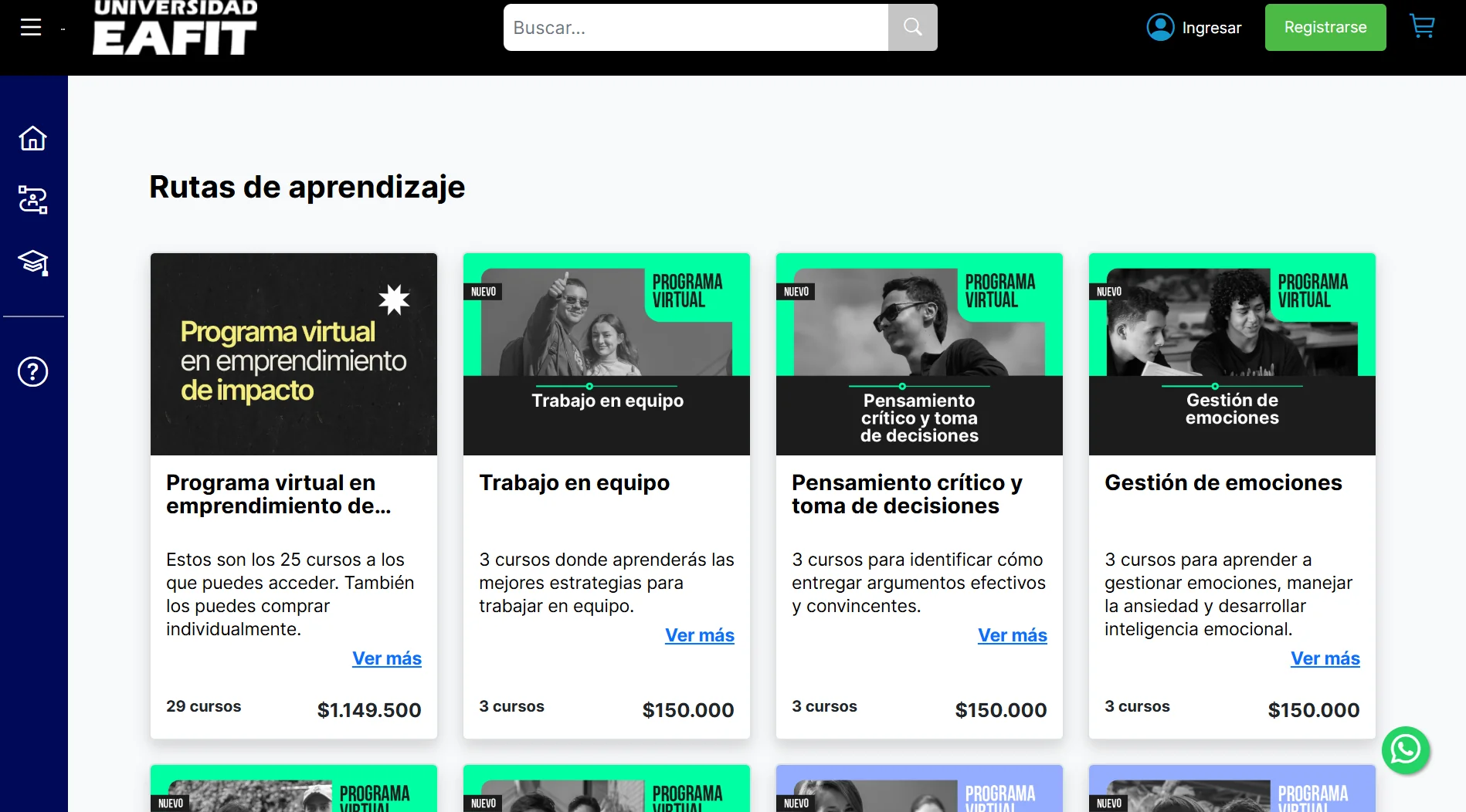 Sección Rutas de aprendizaje del portal NODO: programas virtuales agrupados por temática (emprendimiento, trabajo en equipo, pensamiento crítico, gestión de emociones) con precios y número de cursos.