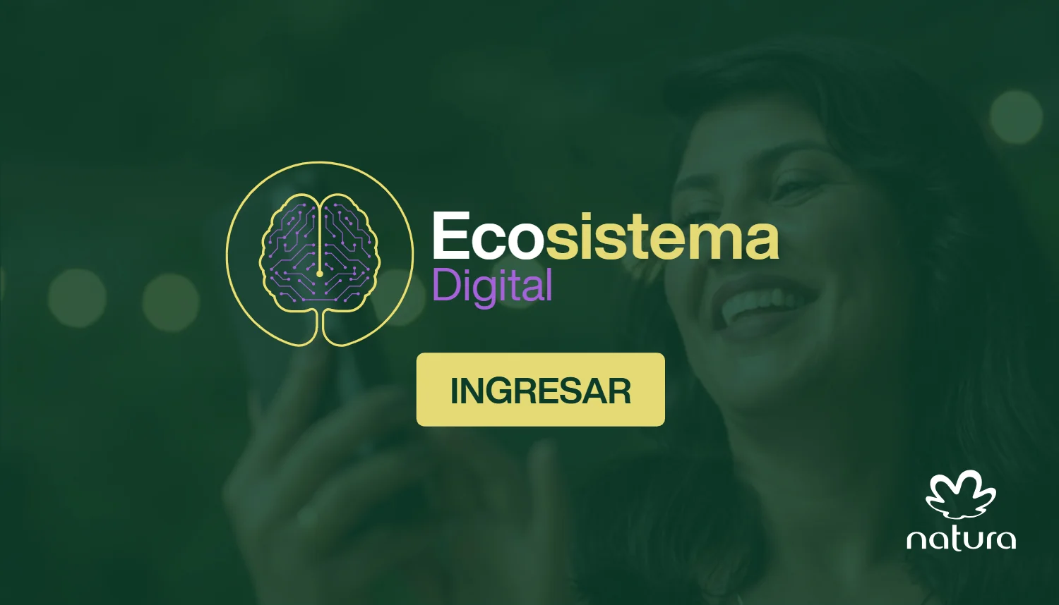 Pantalla de acceso del Ecosistema Digital Natura: identidad visual de la plataforma, CTA de ingreso y branding de Natura sobre una interfaz mobile-first para certificación digital.